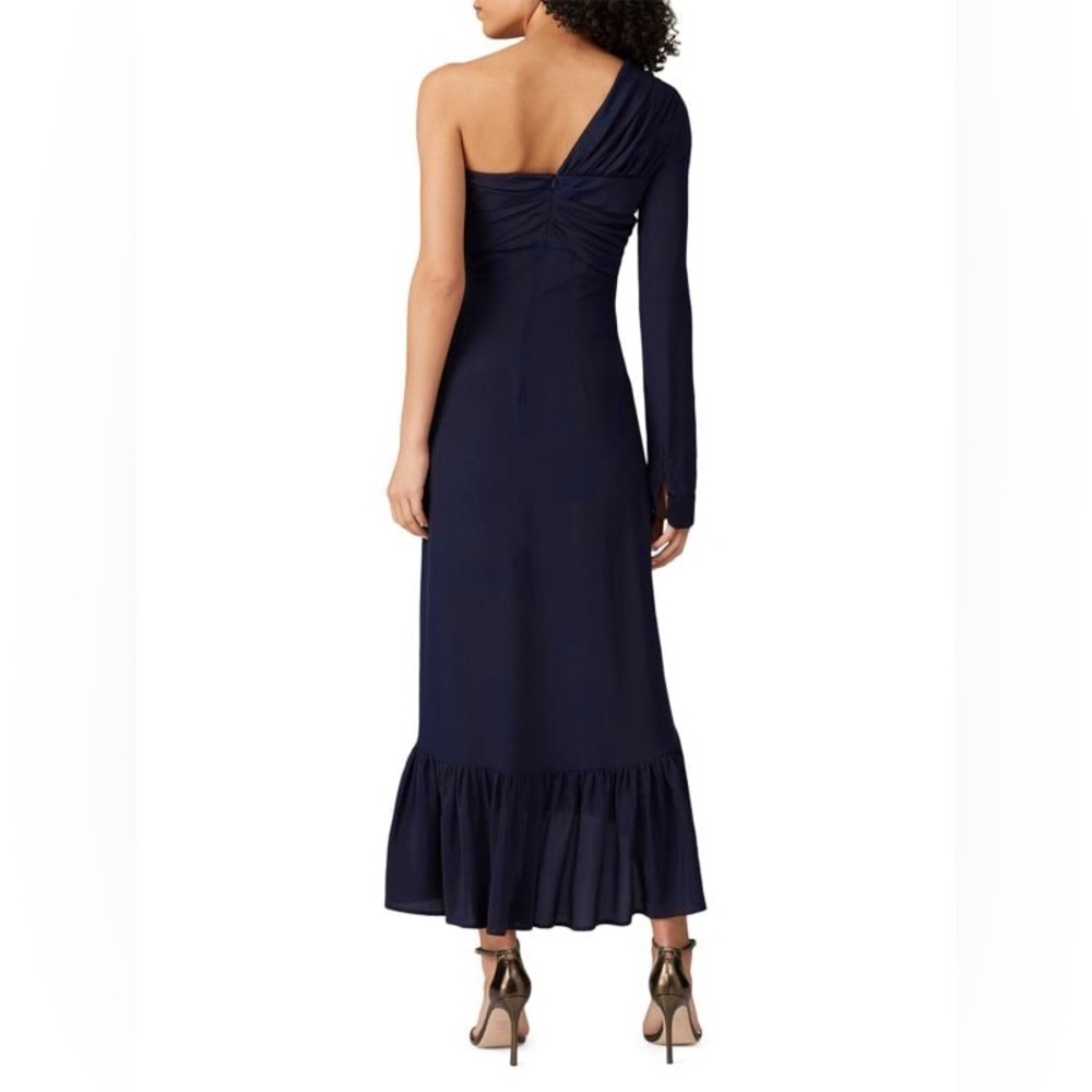 ROKH Women’s One Shoulder Midi Sheath Dress Ruffle Hem Navy Blue Size FR 40 - Picture 2 of 7